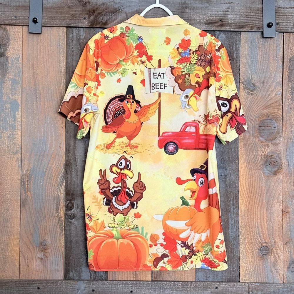 Hawalili Thanksgiving Turkey Funny Button Down Shirt AOP Short Sleeve Size M - Picture 3 of 8